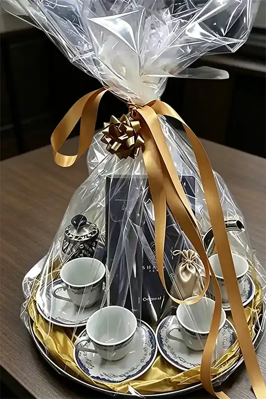 Shahi Tea gift hamper with tea glasses and a gold ribbon
